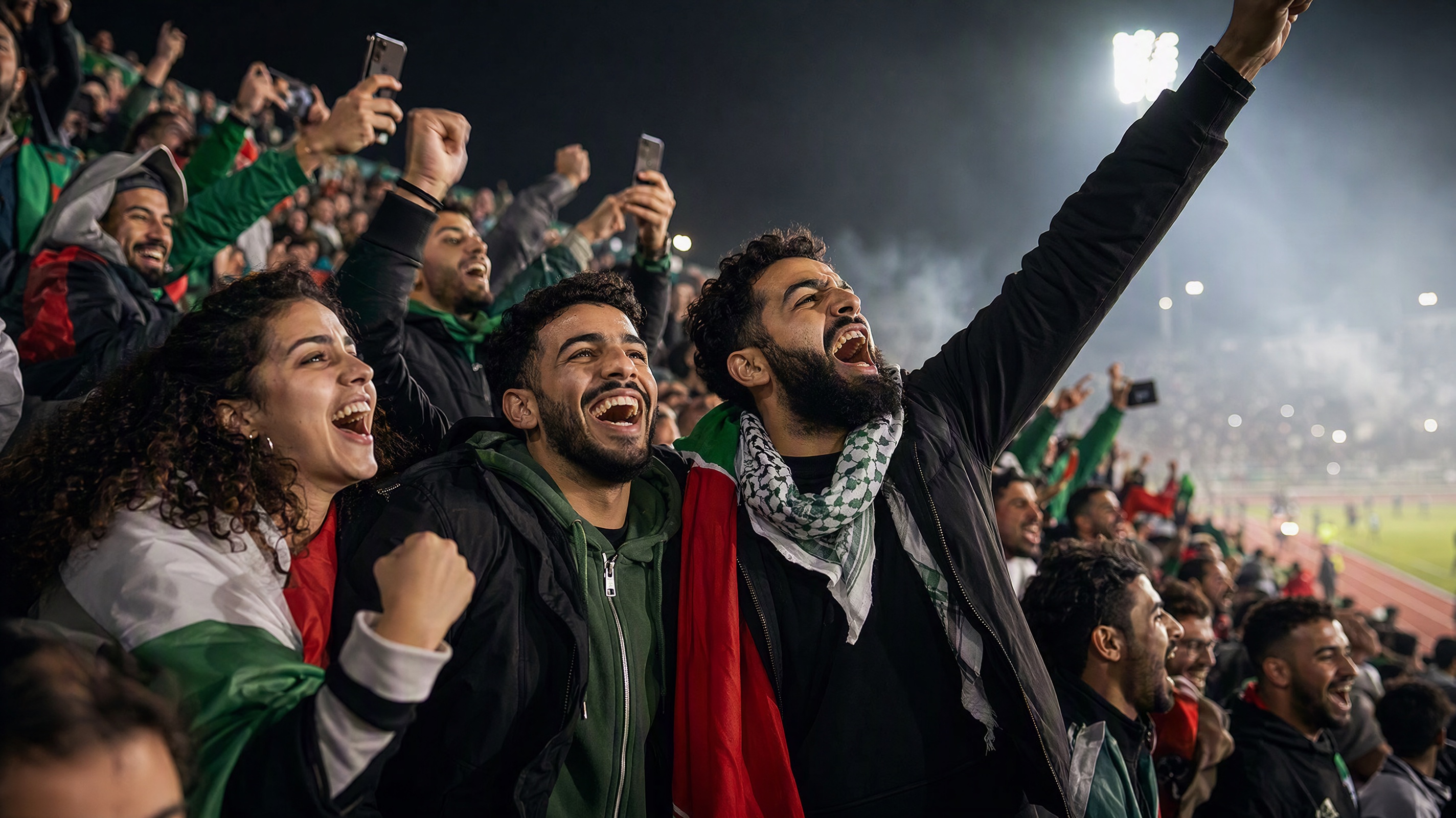 Arab football supporters celebrating a decisive moment in a stadium
