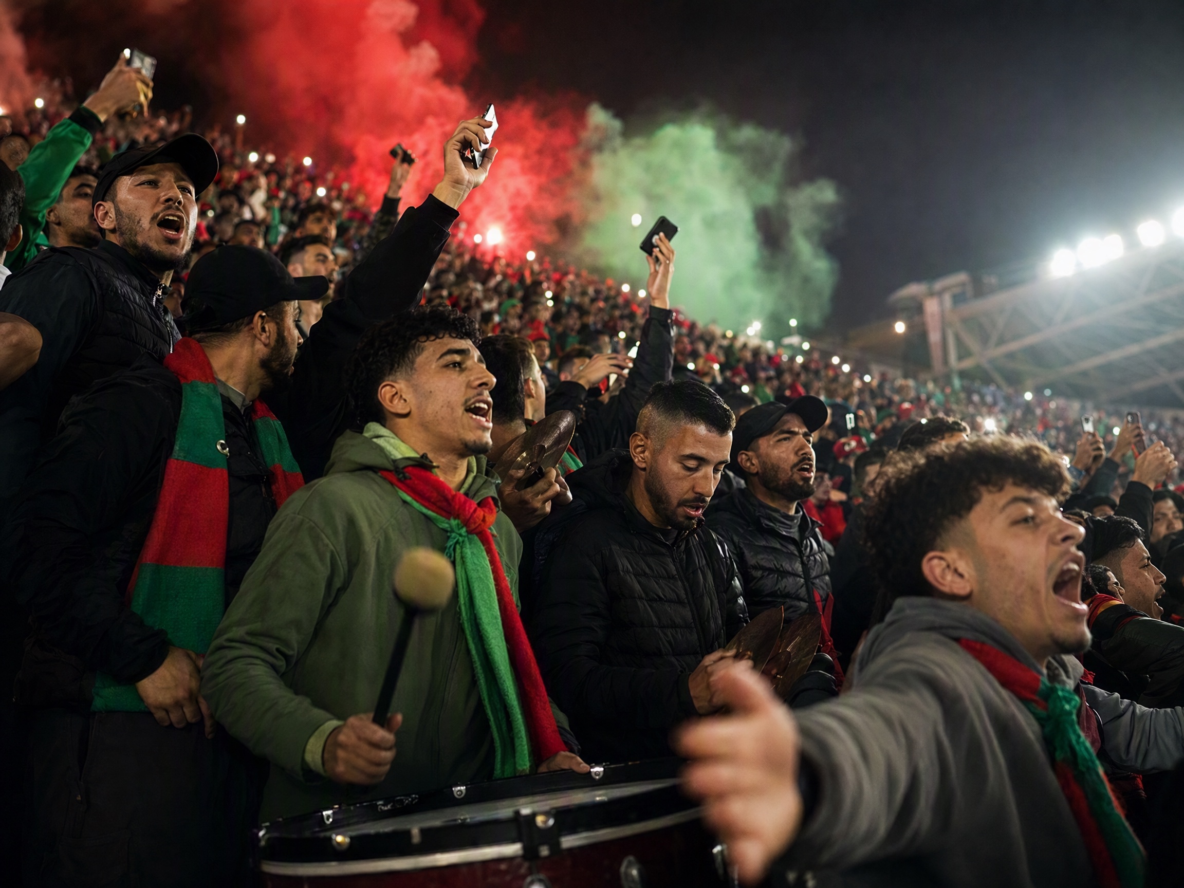 North African football supporters creating a stadium atmosphere